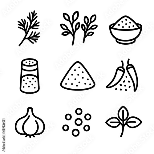 Dill Spice Icon Set. Outline icon set of dill spice blends: Mediterranean herbs, Italian mix, dill seasoning, herb salt, dried