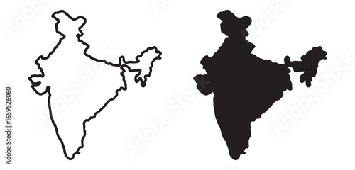 Two contrasting outlines of the map of india one in black and white representing a clear geographical representation