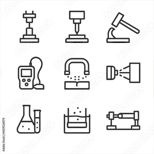 Metal Testing Icons. Outline icon set of ferrous metal testing methods: tensile test, hardness test, impact test, ultrasonic test,