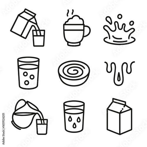 Milky Icon Set. Outline icon set of milky kitchen scenes: pouring milk, milk foam, milk splash, milk bubbles, milk swirl, milk