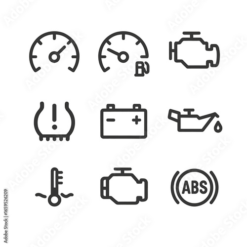 Drive Icon Set. Outline icon set of drive feedback: speedometer, fuel gauge, engine warning, tire pressure, battery level, oil