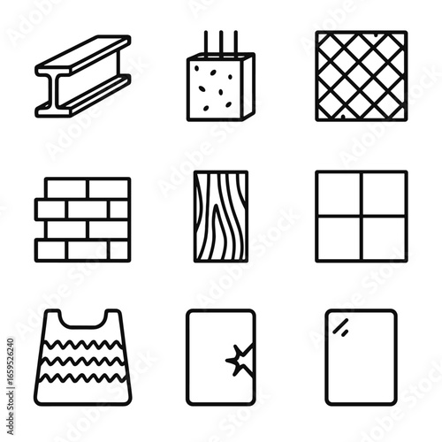 Durable Materials Icons. Outline icon set of durable materials: steel beam, reinforced concrete, carbon fiber, titanium alloy,