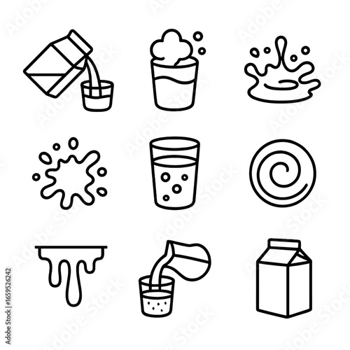 Milky Icon Set. Outline icon set of milky kitchen scenes: pouring milk, milk foam, milk splash, milk bubbles, milk swirl, milk