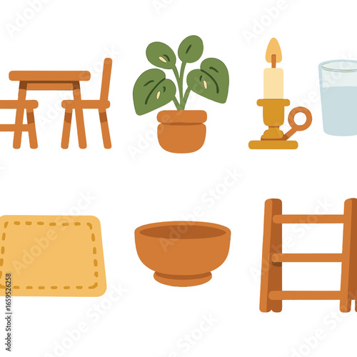 Home Dining Scene. Flat vector mini-illustrations Home dining area with greenery in colors children's
