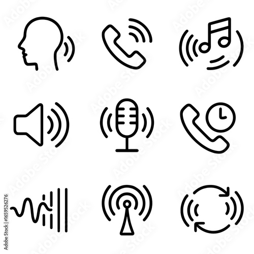Echo Icon Set. Outline icon set of echo in communication: voice echo, phone echo, audio feedback, speaker echo, microphone echo,