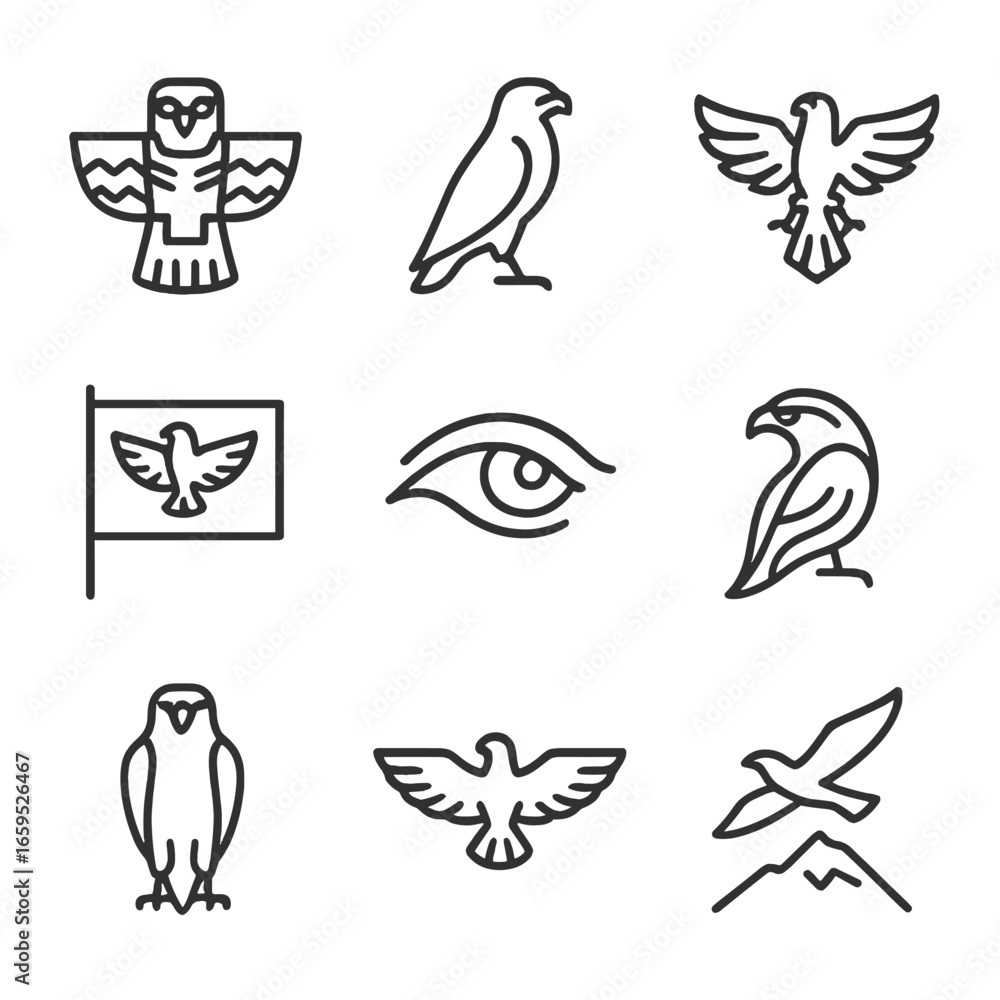 Hawk Icon Set. Outline icon set of hawk in culture: hawk totem, hawk silhouette tattoo, hawk emblem, hawk flag, hawk eye symbol, Hawk Icon Set. Outline icon set of hawk in culture: hawk totem, hawk silhouette tattoo, hawk emblem, hawk flag, hawk eye symbol,