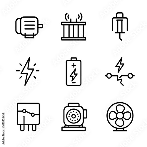 Electrical Machine Icons. Outline icon set of electrical machine noise: electric motor, transformer hum, solenoid click, spark,