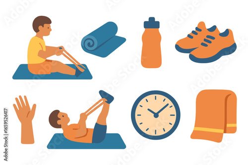 Home Workout Illustrations. Flat vector mini-illustrations A person using a resistance band during a home