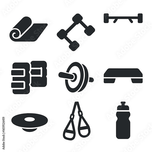 Home Workout Icons. Solid, filled icons set of home workout equipment: yoga mat, dumbbells, pull-up bar, ankle