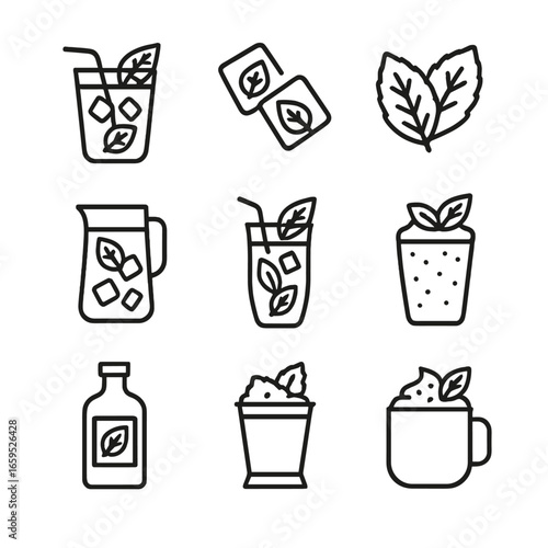 Mint Beverage Icons. Outline icon set of mint beverages: mojito glass, mint ice cubes, mint leaves garnish, cold mint tea, mint