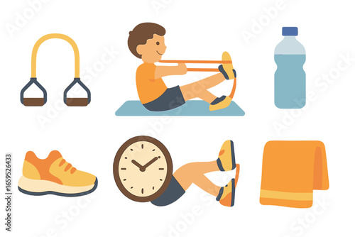 Home Workout Illustrations. Flat vector mini-illustrations A person using a resistance band during a home