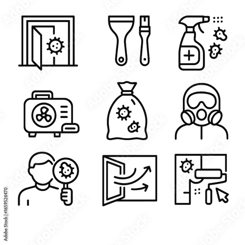 Mold Remediation Icons. Outline icon set of mold remediation process: sealing area, removal tools, cleaning solution, drying