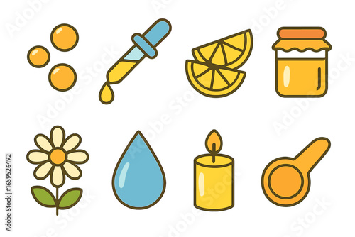 Homeopathic Aid Icons. Flat vector mini-illustrations homeopathic first aid kit in colors children's