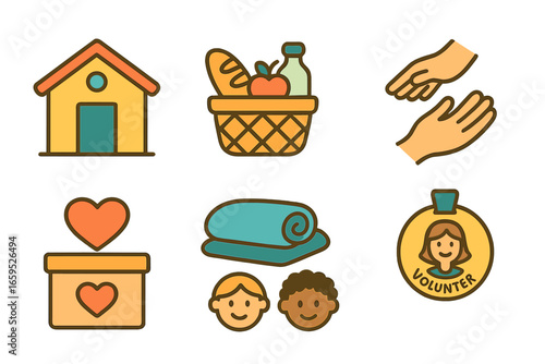 Homeless Support Icons. Flat vector mini-illustrations Homeless support services in colors children's