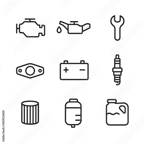 Engine Diagnostics Icons. Outline icon set of engine diagnostics and maintenance: check engine light, oil can, wrench, diagnostic