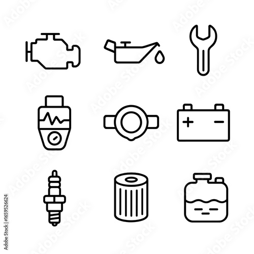 Engine Diagnostics Icons. Outline icon set of engine diagnostics and maintenance: check engine light, oil can, wrench, diagnostic