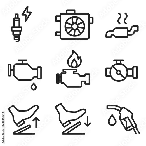 Engine Function Icons. Outline icon set of engine functions: ignition, cooling system, exhaust, lubrication, combustion, throttle,