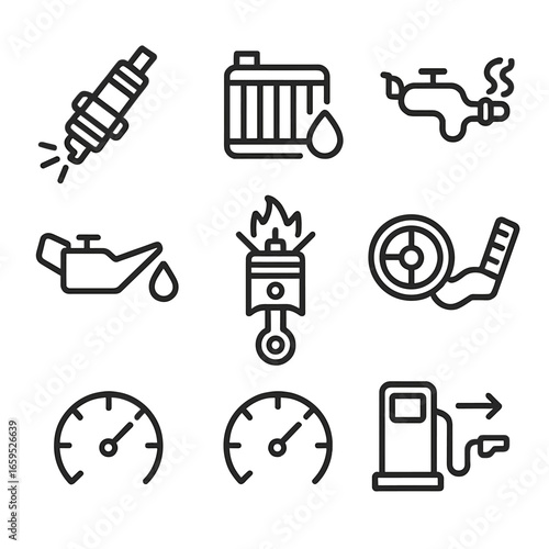 Engine Function Icons. Outline icon set of engine functions: ignition, cooling system, exhaust, lubrication, combustion, throttle,