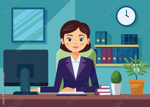 A friendly and professional businesswoman sits at a desk in a modern office.