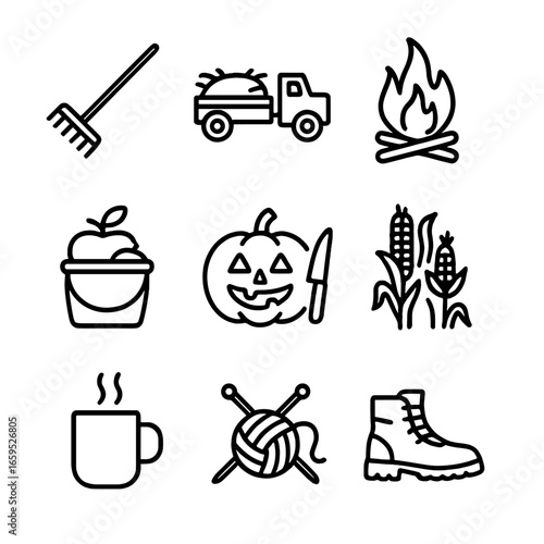 Fall Activity Icons. Outline icon set of fall activities: leaf rake, hayride, bonfire, apple picking, pumpkin carving, corn maze,