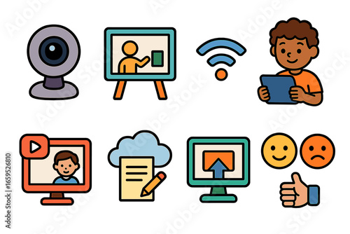 Hybrid Classroom Icons. Flat vector mini-illustrations Hybrid classroom tech in colors children's