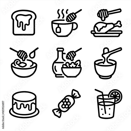 Honey Culinary Icons. Outline icon set of honey culinary uses: honey toast, honey tea, honey glaze, honey butter, honey salad