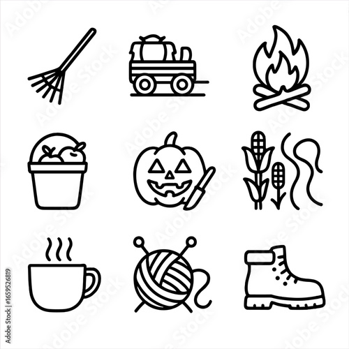 Fall Activity Icons. Outline icon set of fall activities: leaf rake, hayride, bonfire, apple picking, pumpkin carving, corn maze,