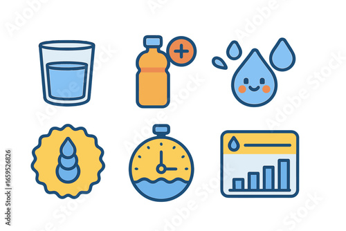 Hydration Tracker Icons. Flat vector mini-illustrations of hydration tracker notifications in colors