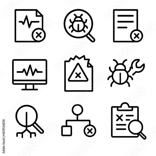 Failure Analysis Icons. Outline icon set of failure analysis tools: diagnostic test, bug tracker, log file, system monitor, error