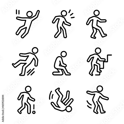 Fall Movement Icons. Outline icon set of fall movement types: free fall, controlled fall, stumble, slip, collapse, descent, drop,