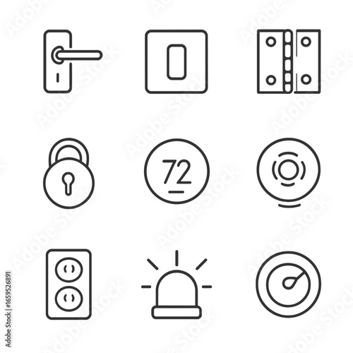 Household Icon Set. Outline icon set of household components: door handle, light switch, hinge, lock, thermostat, smoke detector,