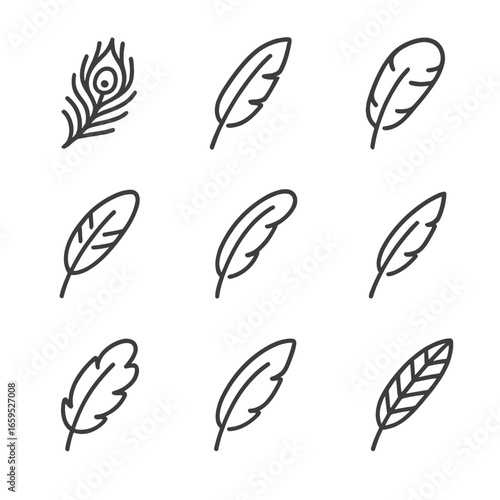 Feathers Icon Set. Outline icon set of plumage types: peacock feathers, eagle feathers, owl feathers, parrot feathers, flamingo