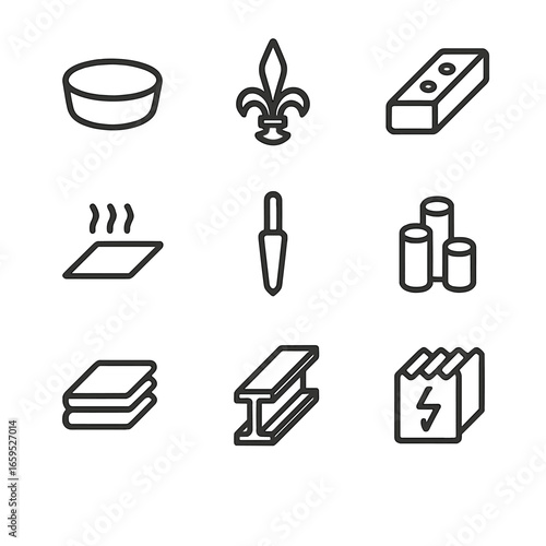 Ferrous Metals Icons. Outline icon set of ferrous metals: cast iron, wrought iron, carbon steel, stainless steel, tool steel,