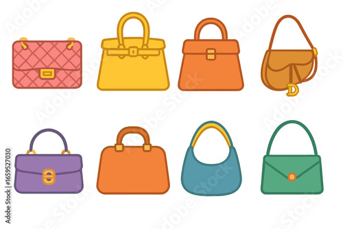 Iconic Handbags Grid. Flat vector mini-illustrations Classic iconic handbags in colors children's