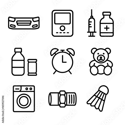 Injection Molding Icons. Outline icon set of injection molding industry applications: automotive parts, electronics housing,