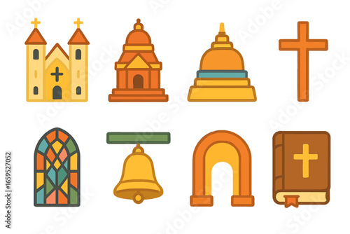 Iconic Religious Landmarks. Flat vector mini-illustrations iconic religious landmarks in colors children's