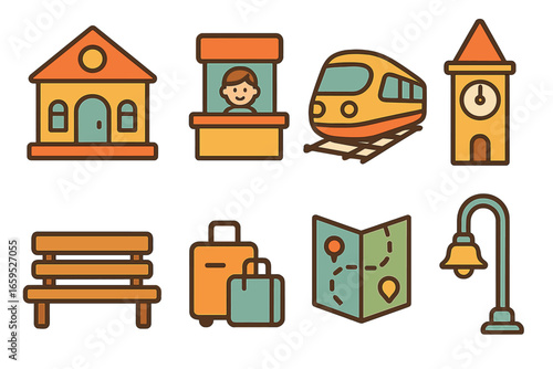 Iconic Train Stations. Flat vector mini-illustrations iconic train stations in colors children's illustrations