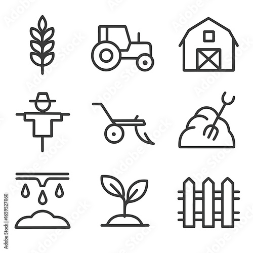 Field Outline Icons. Outline icon set of field: wheat, tractor, barn, scarecrow, plow, haystack, irrigation, seedling, fence. Line