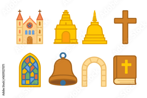 Iconic Religious Landmarks. Flat vector mini-illustrations iconic religious landmarks in colors children's