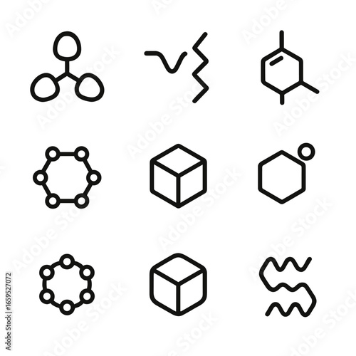 Injection Molding Icons. Outline icon set of injection molding materials: polypropylene, polyethylene, ABS, polystyrene, nylon,