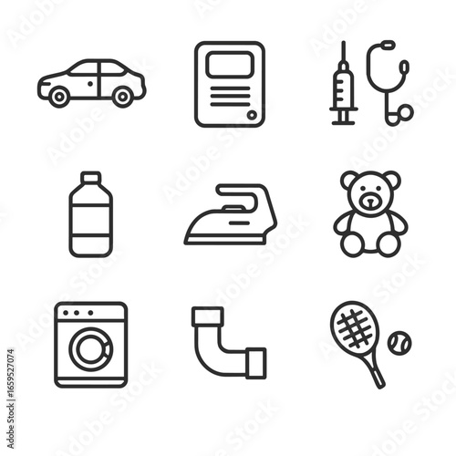 Injection Molding Icons. Outline icon set of injection molding industry applications: automotive parts, electronics housing,