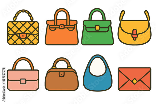 Iconic Handbags Grid. Flat vector mini-illustrations Classic iconic handbags in colors children's