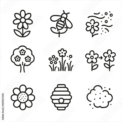 Nature's Pollen Icons. Outline icon set of pollen in nature: blooming flower, bee on flower, wind dispersal, flowering tree,