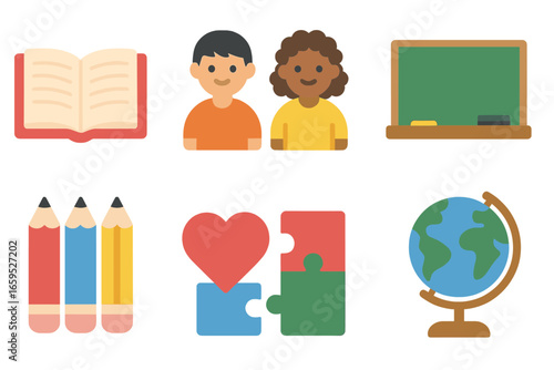 Inclusive Education Icons. Flat vector mini-illustrations inclusive education programs in colors children's