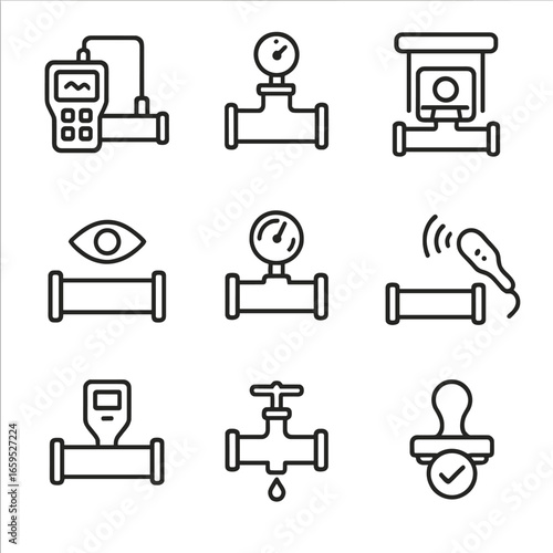 Iron Pipe Inspection Icons. Outline icon set of iron pipe inspection and testing: ultrasonic tester, pressure test, X-ray scan,