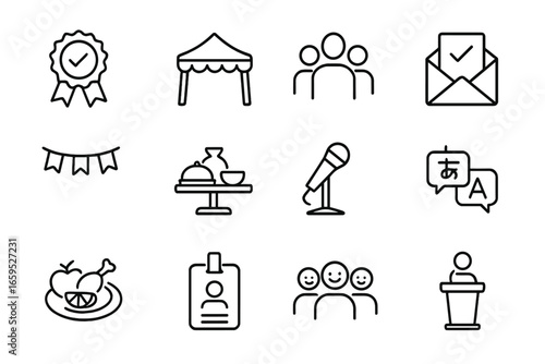 Inclusive Events Icons. Outline icon set of inclusive events: diversity badge, event tent, group icon, open