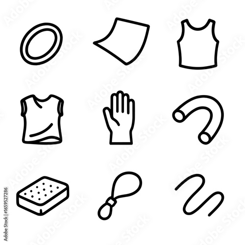Flexible Materials Icons. Outline icon set of flexible materials: rubber band, silicone sheet, neoprene, spandex fabric, latex