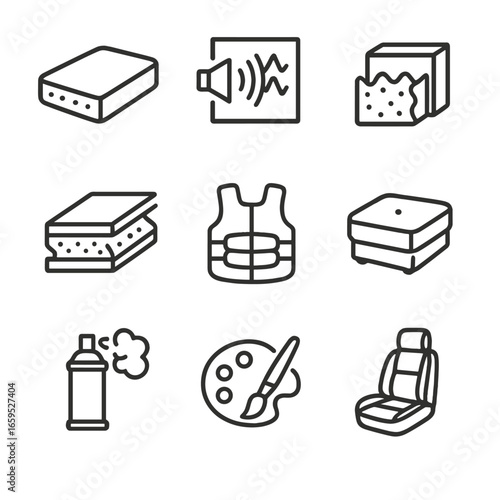 Foam Uses Icons. Outline icon set of foam uses: mattress padding, soundproofing, packaging protection, insulation layer, sports