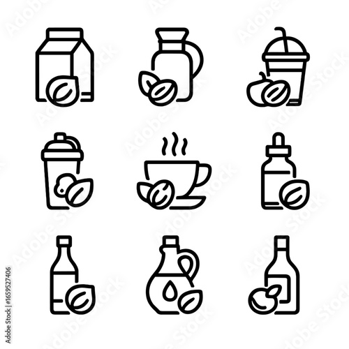 Nut Beverage Icons. Outline icon set of nut beverages: nut milk, nut coffee creamer, nut smoothie, nut protein shake, nut tea, nut