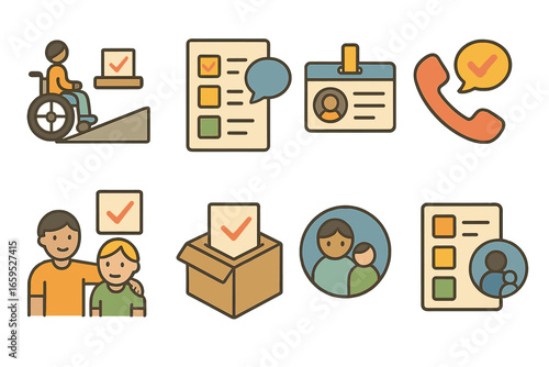 Inclusive Voting Icons. Flat vector mini-illustrations Voter rights and access in colors children's